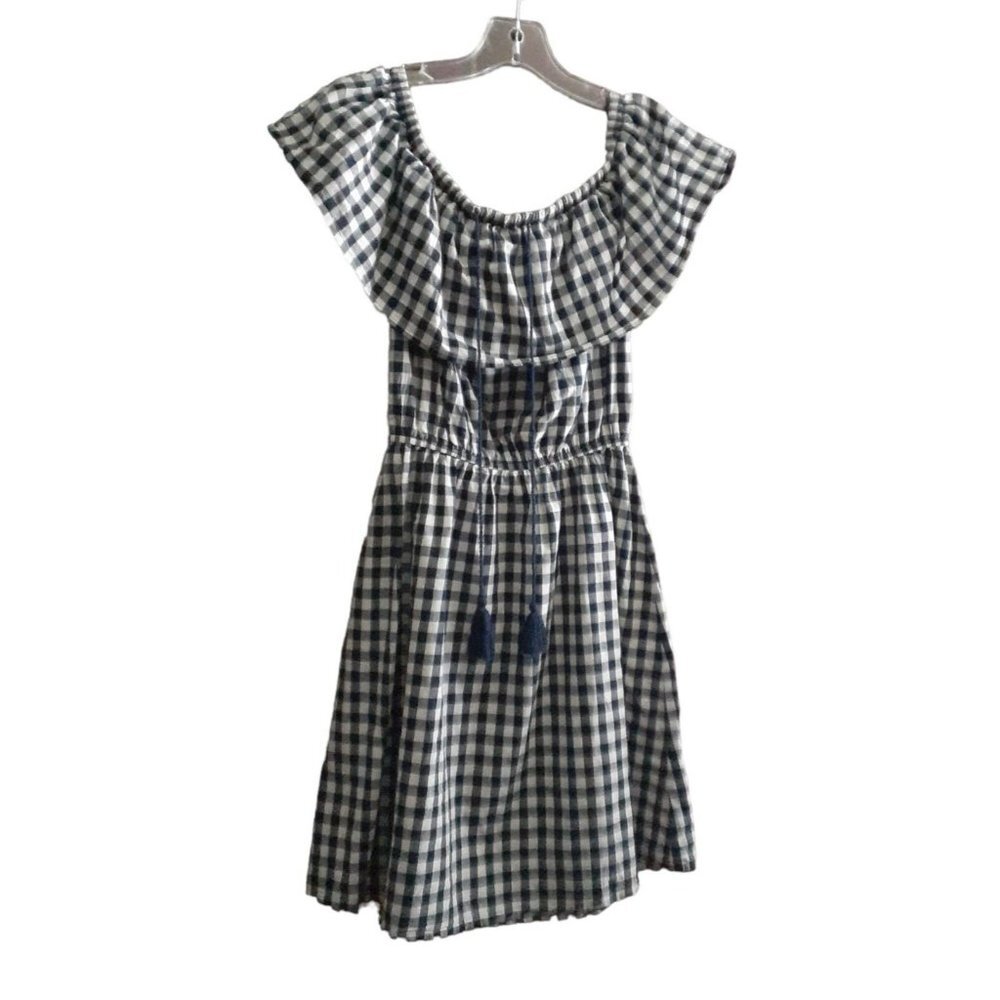 Boho Dress Cotton Gingham Ruffle Off Shoulder Tassel Tie Black White S